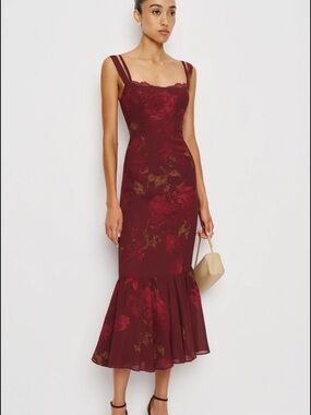 Floral Fit-and-Flare Burgundy Midi Dress